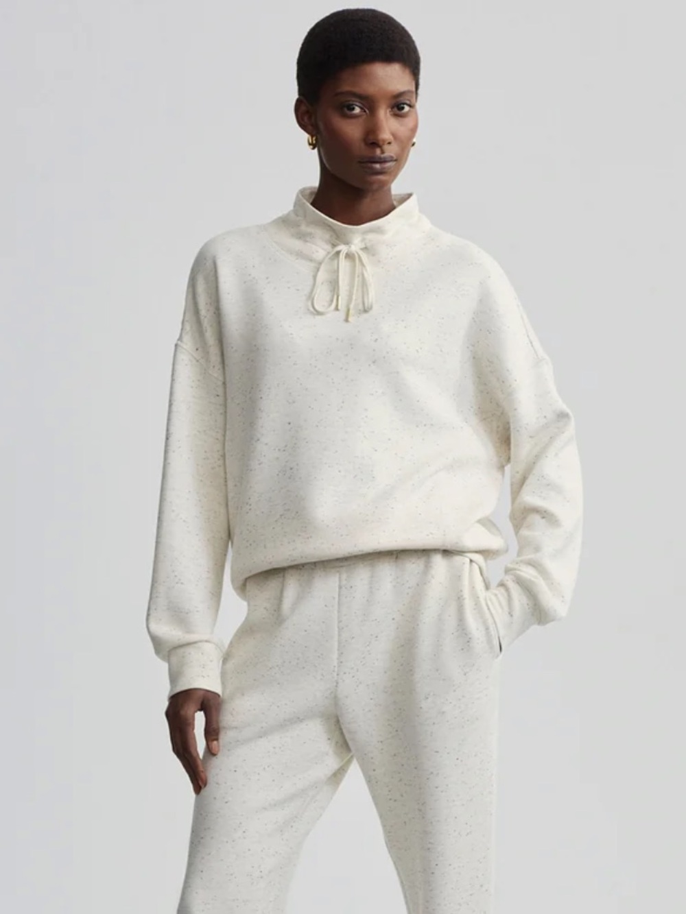 Varley Oakdale DoubleSoft Sweatshirt Ivory Marl Fleck Mock Neck Small